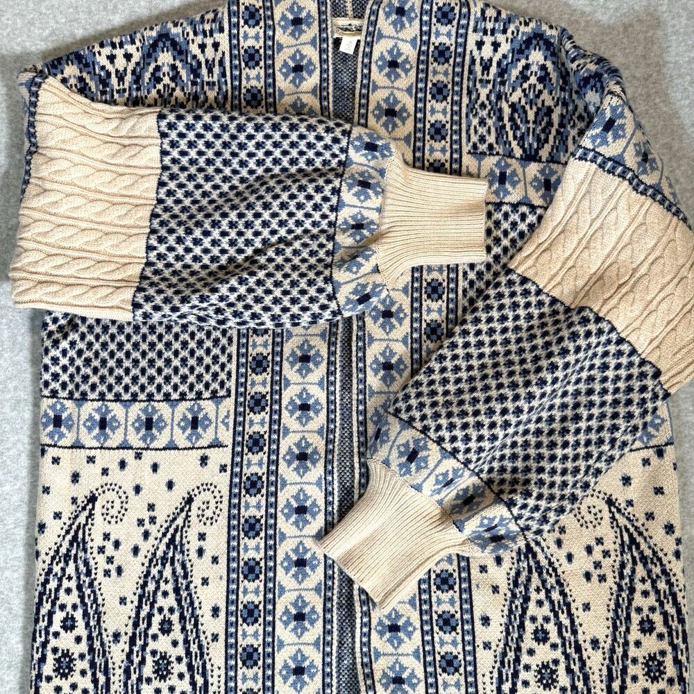 Hem&Thread Long Cardigan Sweater Duster Boho Paisley Patchwork Knit Navy Cream S